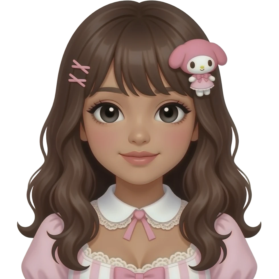 Gyaru makeup, himegyaru, my melody hairclip, cutecore, doll eyes, Doll, big breast with dark brown skin, with wavy long brown hair, black cute eyes, cute lips with Gyaru outfit, light pink lace collar emoji