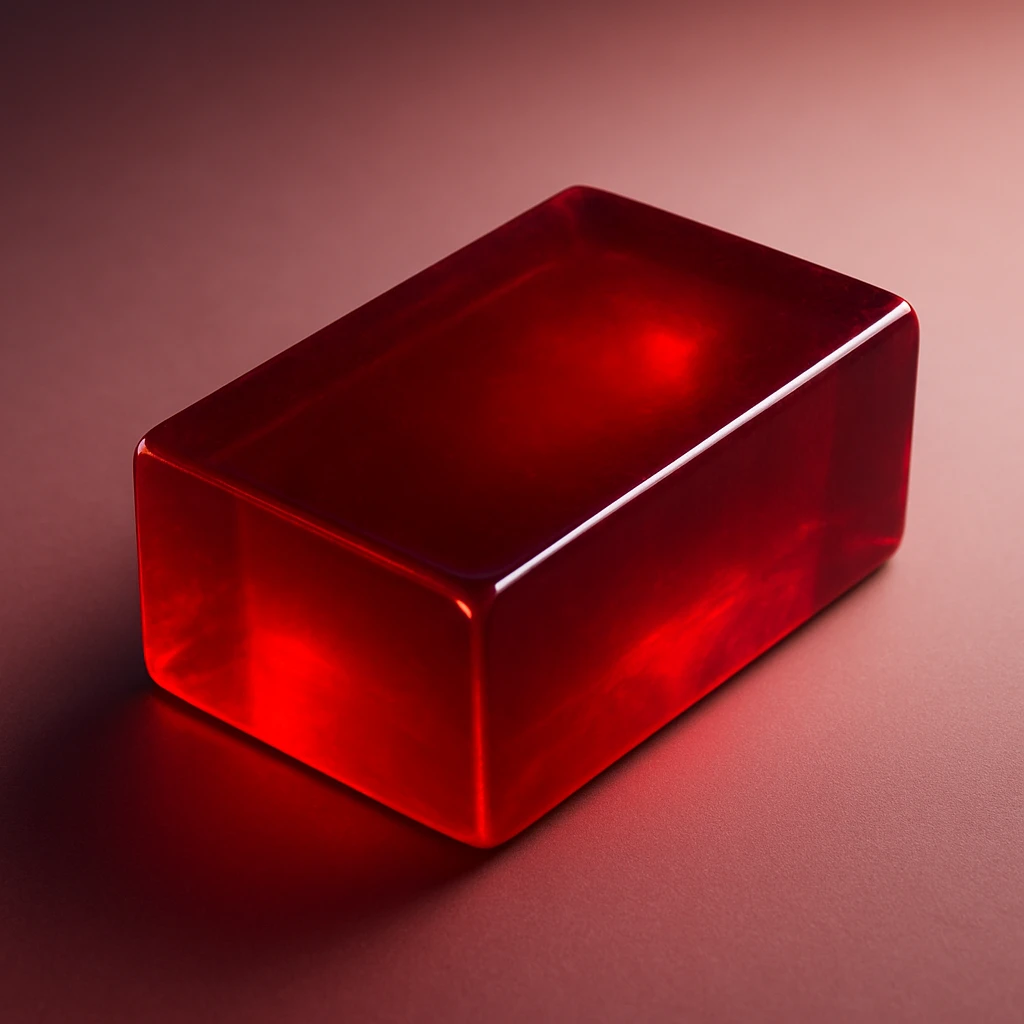 a rectangular ruby block, deep crimson, highly polished, glowing from within, jewel-like shine, translucent edges, on a soft gradient background emoji