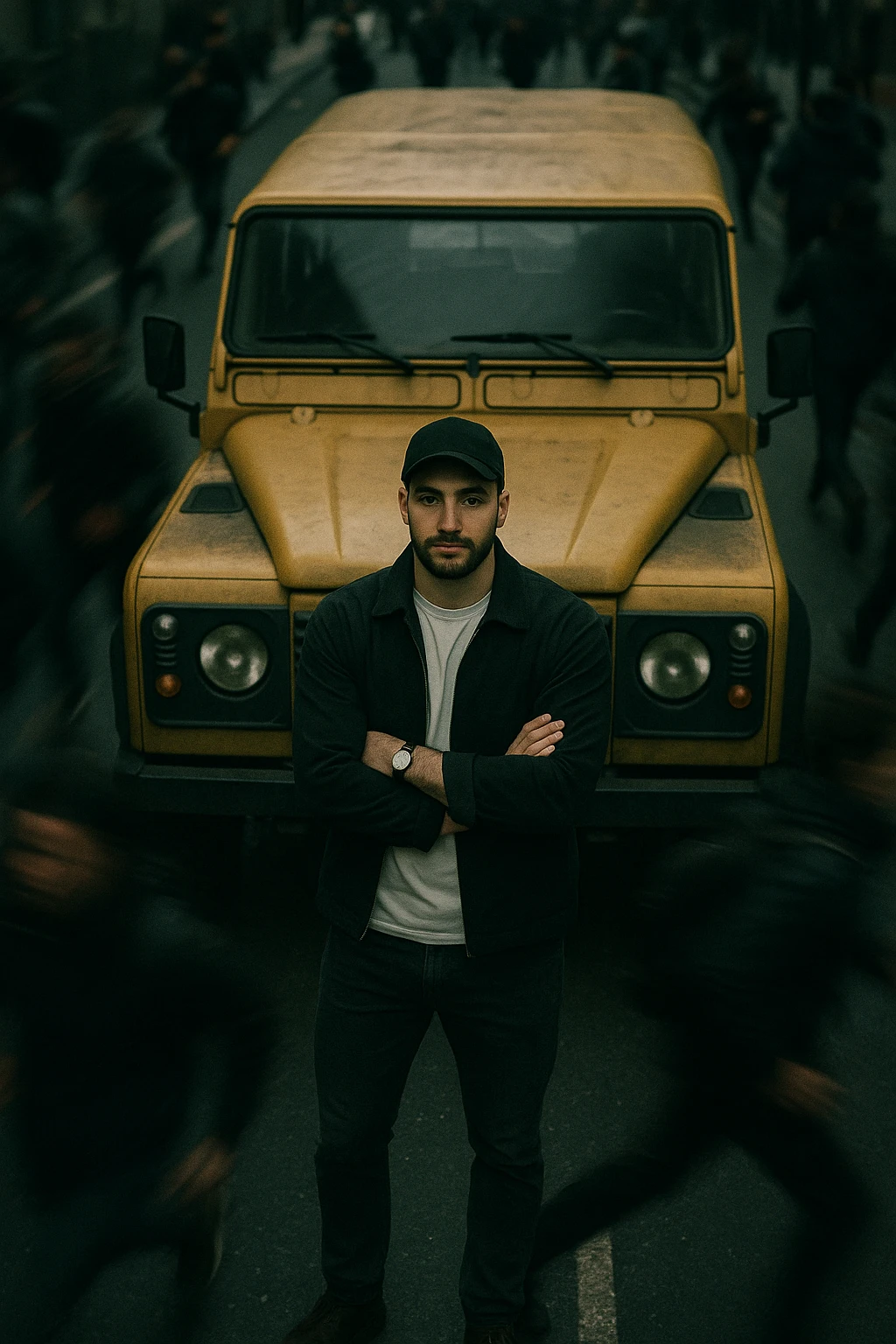 An aerial cinematic shot of me leaning against a yellow land rover defender on the street, wearing a t-shirt under a black jacket. A blurry crowd of people running around me. Gloomy lighting, 35mm film style, shallow depth of field, sharp focus on me.  emoji