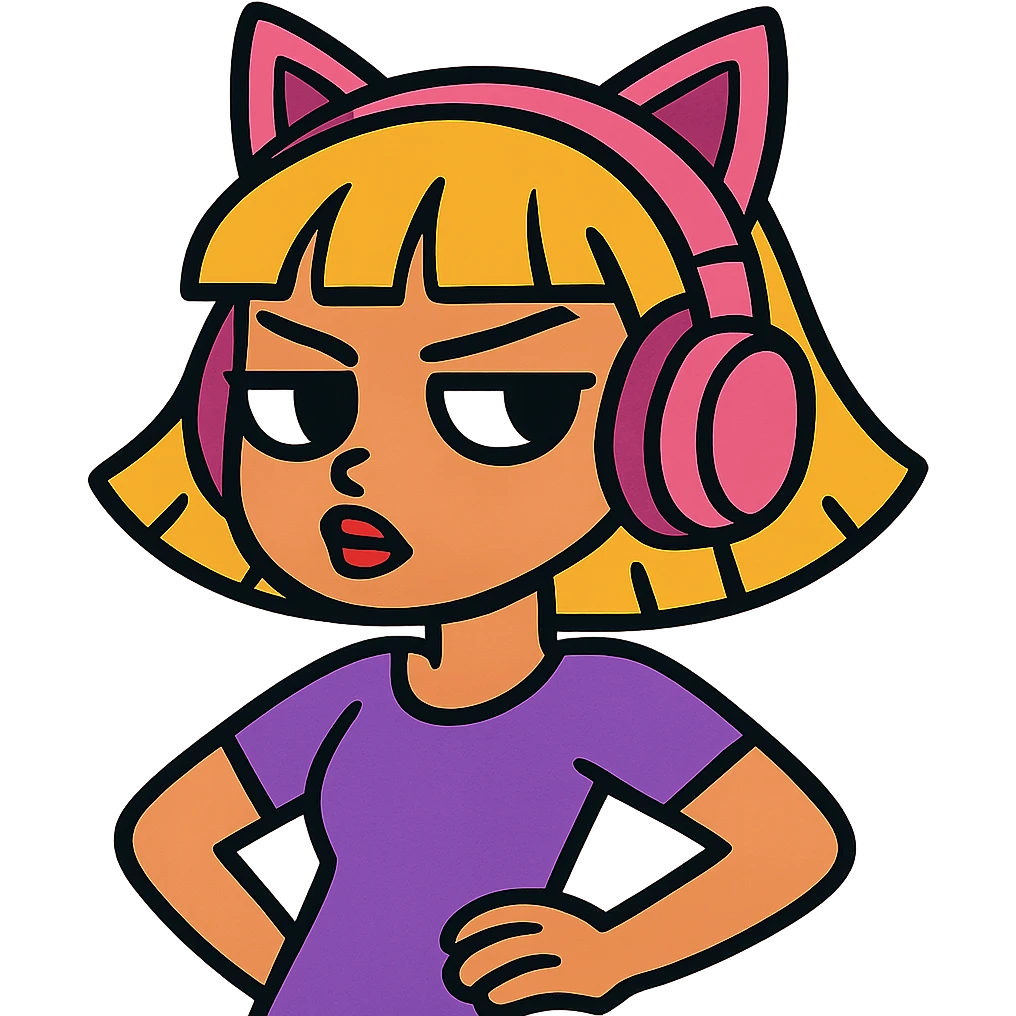 sassy blond girl with short bangs and pink kitty-ear headset emoji