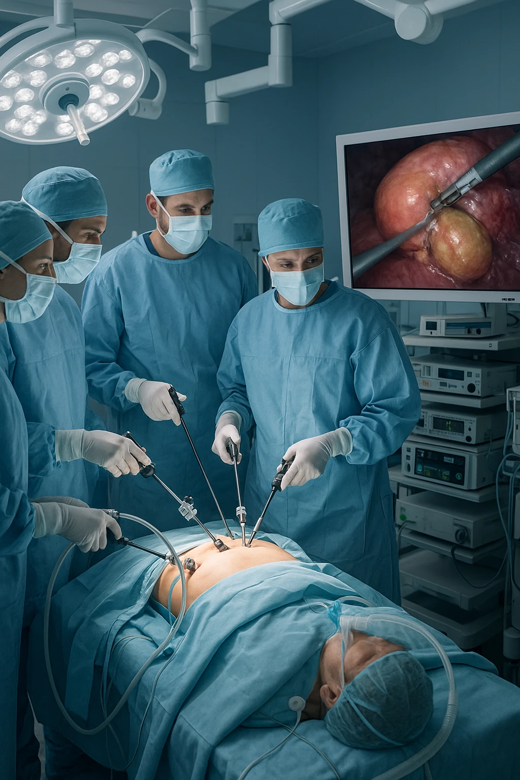 A realistic, clinical image inside a modern operating room during a laparoscopic cholecystectomy (gallbladder removal surgery). A team of surgeons in sterile gowns, masks, and gloves focus intently on the patient lying on the operating table. High-tech laparoscopic instruments are inserted through small incisions in the patient’s abdomen. On a large screen nearby, a close-up video feed shows the gallbladder being carefully dissected and removed using precise surgical tools. The environment is brightly lit with cool white surgical lights, and all medical equipment is clean and state-of-the-art. The mood is professional and sterile, conveying a sense of precision, care, and medical expertise. The patient is under anesthesia, covered with sterile drapes, with monitoring devices attached emoji