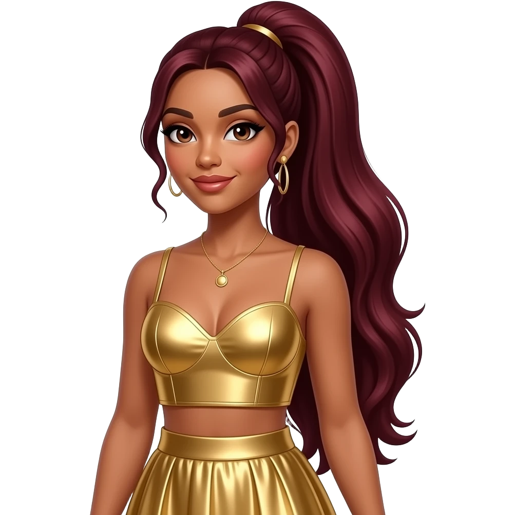 LaTavia Roberson from Destiny's Child with brown eyes, long dark red high ponytail hair, gold metallic sweetheart crop top, gold metallic long skirt, necklace and earrings emoji