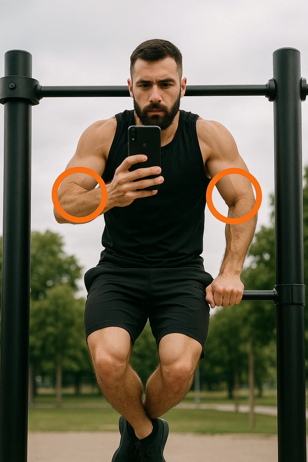 uomo che fa Muscle up e si sta filmando davanti con il telefonino per vedere la sua posizione dei gomiti e delle mani sulla sbarra, fai dei cerchi per indicara i gomiti emoji