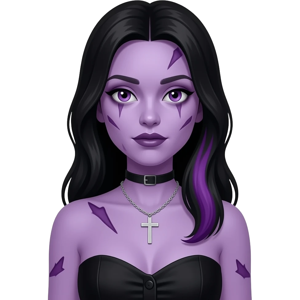 Faz uma mulher de cabelos longos pretos com mecha roxa , com a pele roxa estilo zumbi e um colar de uma cruz, e uma blusa de alcinha preta emoji