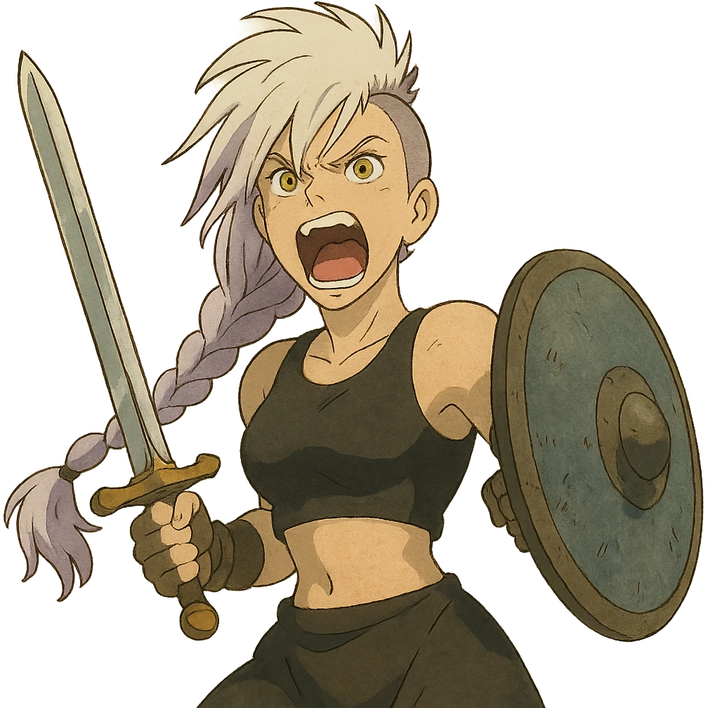 A sword maiden, mohawk, long braid white hair with lavender and tips long messy bangs one side, gold yellow eyes, black crop top, brandishing an arming sword and a shield, roaring! rah! emoji