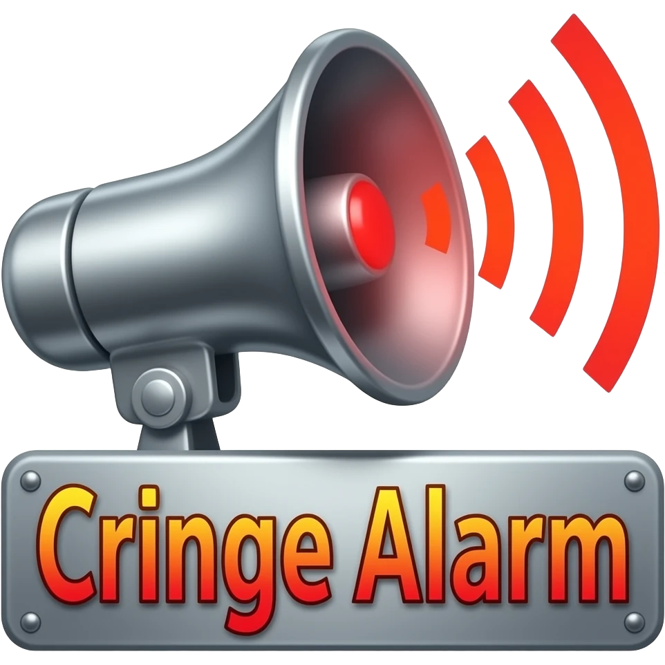 A blaring siren with visual sound effects, a label below it with text "Cringe Alarm with a horror font", filled background emoji