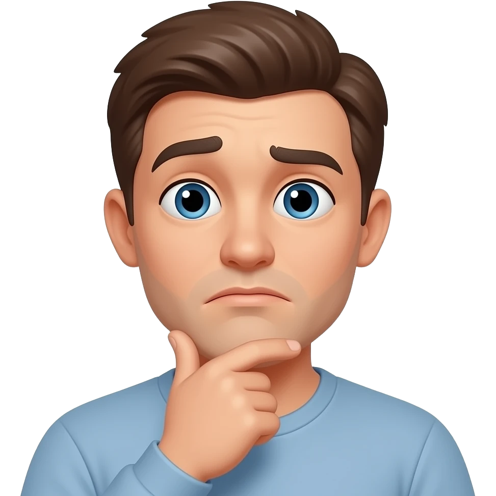 car CONFUSED / THINKING (2 STAR) One eyebrow raised Eyes looking slightly sideways Mouth small and unsure One mirror-hand touching chin (thinking pose) Slight head tilt emoji