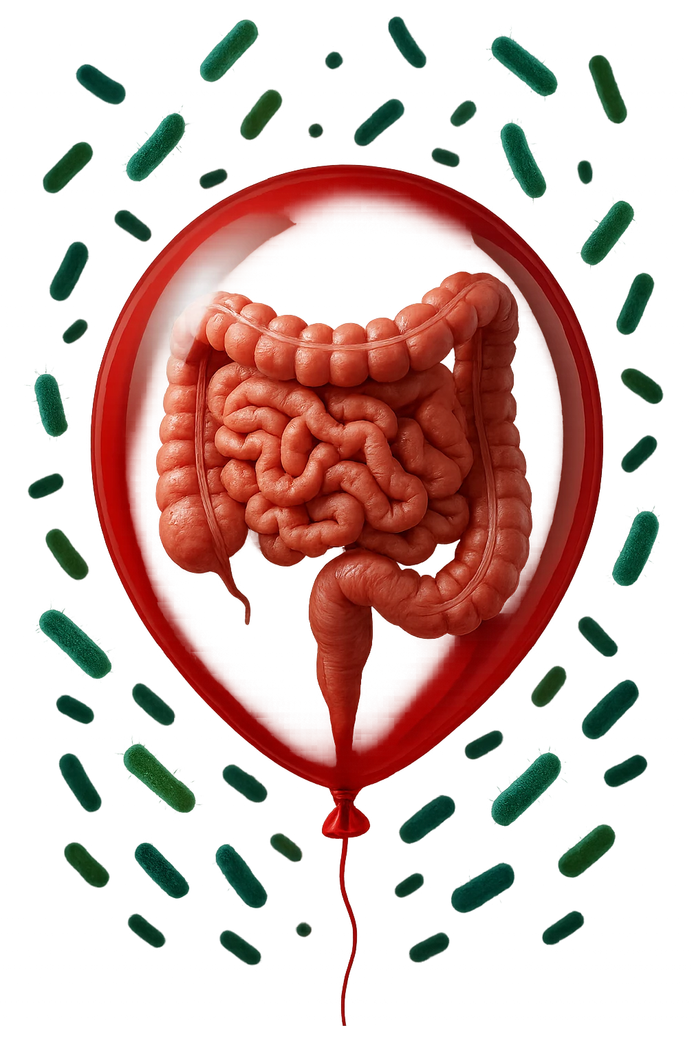 intestino umano anatomico chiuso in un palloncino rosso con batteri intestinali che fluttuano intorno, iperrealistico 4k emoji
