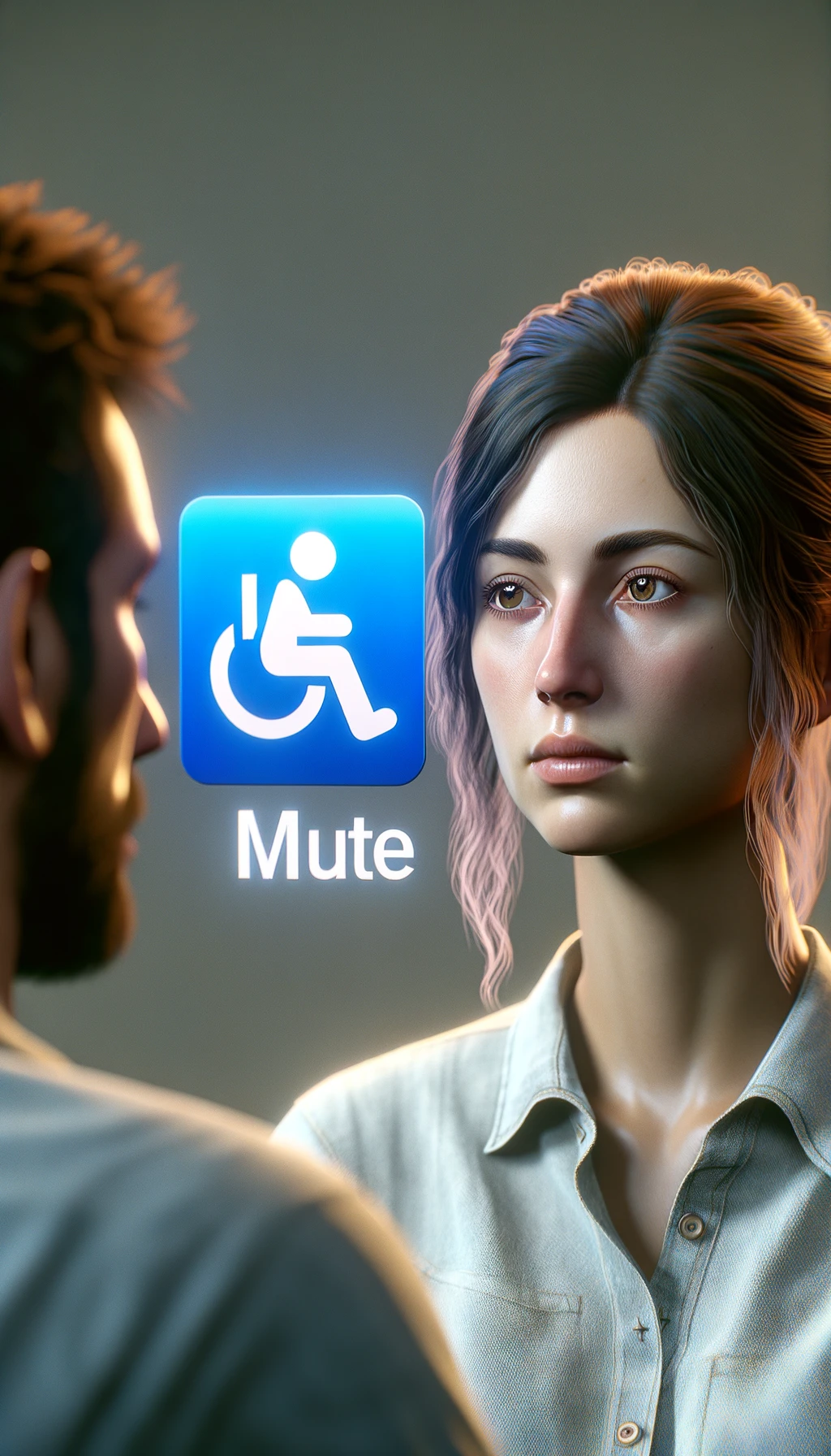una persona parla ma sopra di lui c'è il simbolo "muto", un altra persona lo ascolta, immagine iperrealistica 4k emoji