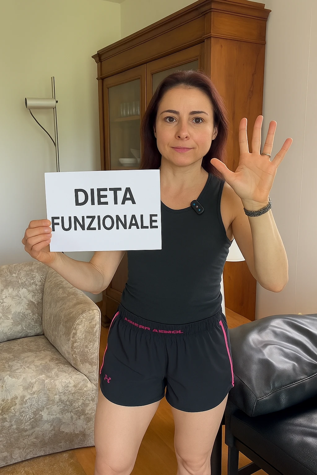 Donna con in mano una dieta con scritto "Dieta Funzionale" emoji