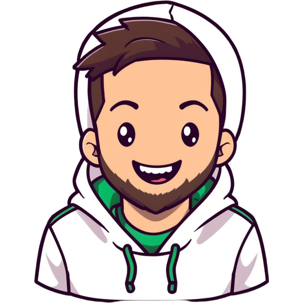 laughing guy with white hoodie, white t-shirt underneath, green eyes, dark brown undercut hairstyle and a short full beard emoji