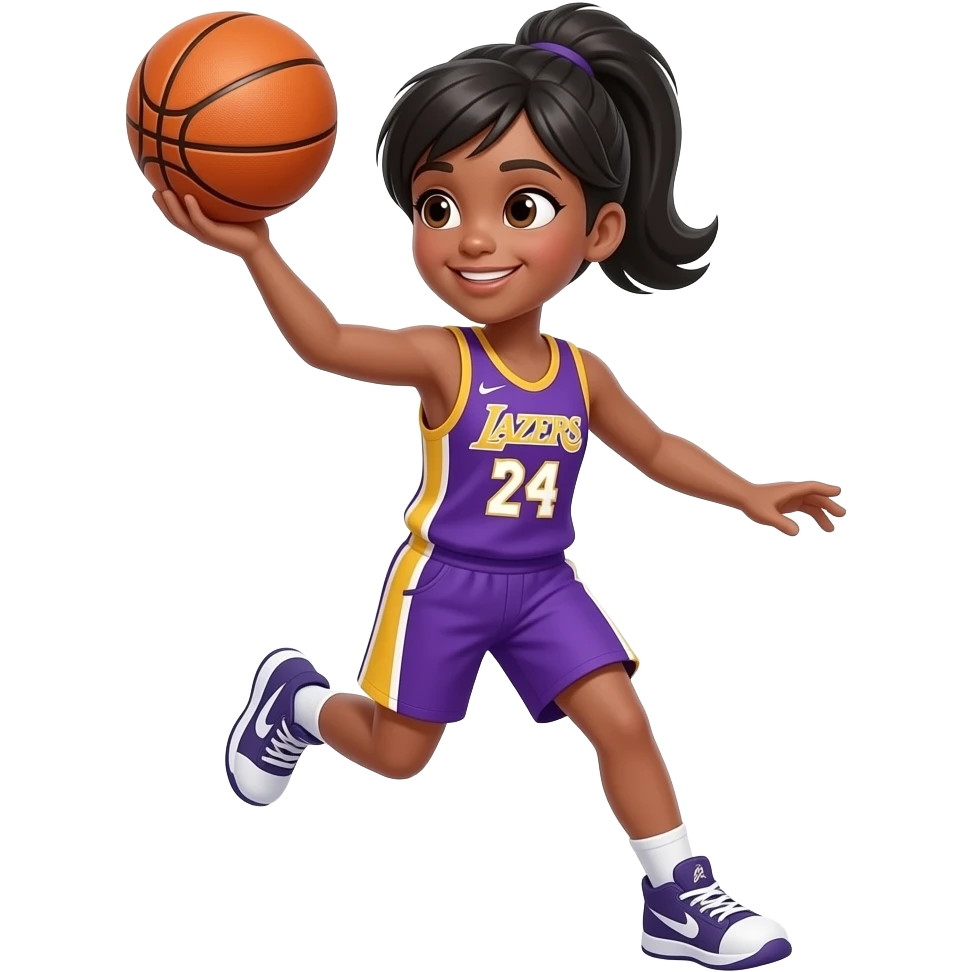 A girl playing basketball with black hair andthen purple and yellow jersey that says a2zoe emoji