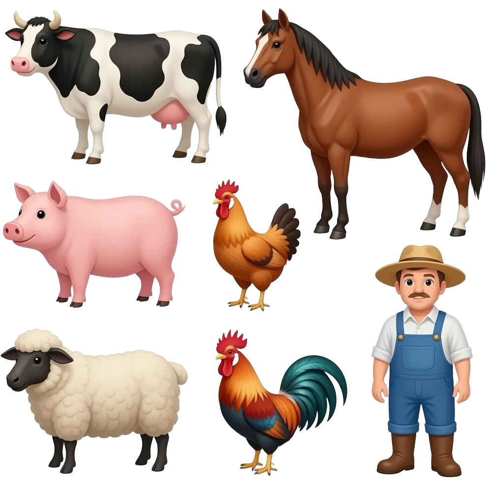Cow, pig, chicken, horse, sheep, rooster, and farmer emoji