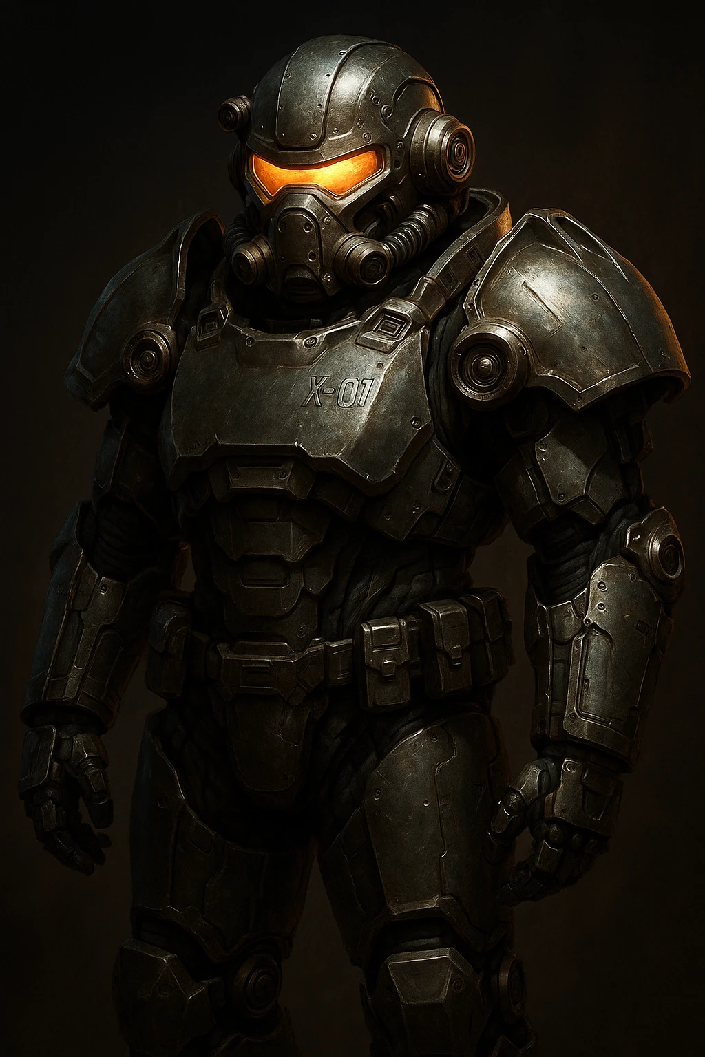 X-01 power armor, detailed, futuristic, metallic, full body, dramatic lighting emoji
