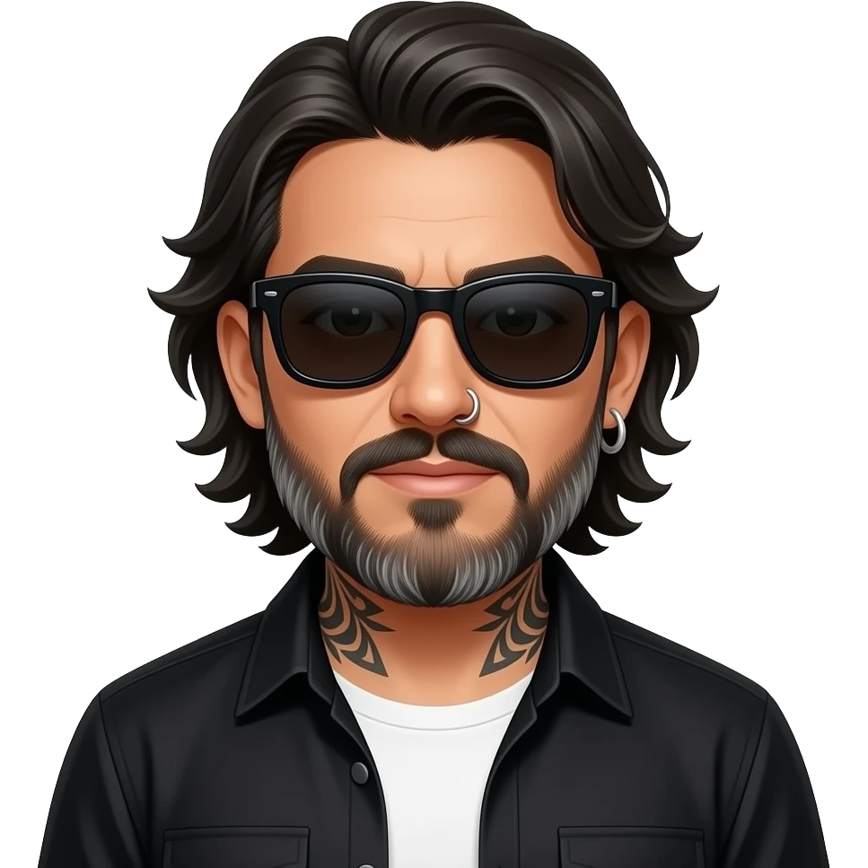 A podcasting handsome Latino man with medium length hair and pretty long beard with some grays and tattoos with a right nose hoop and a left earring hoop wearing all black with a white undershirt and black sunglasses emoji