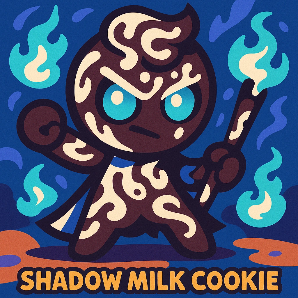 Shadow Milk Cookie, a dark cookie with glowing blue eyes, milk patterns, and a magical vibe emoji
