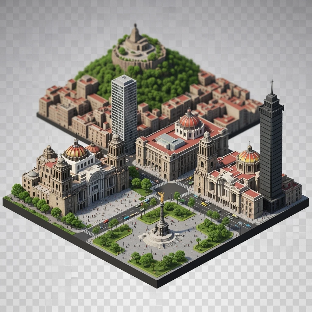 Isometric diorama of Mexico City iconic landmarks: Zócalo square with Metropolitan Cathedral, Palacio de Bellas Artes, Torre Latinoamericana, Chapultepec Castle, and Angel of Independence, atmosphere of the city 3D miniature effect and Tilt Shift effect, no cartoonish look, transparent background. emoji