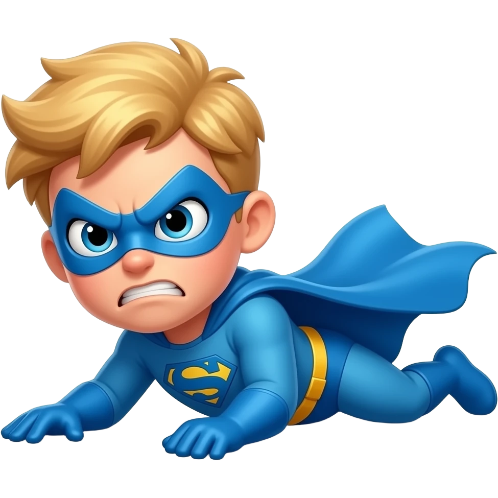 quiero que me hagas a una superheroe con el pelo rubio mascara azul i con un traje azul que sea una niño tirado en el suelo enfadado emoji
