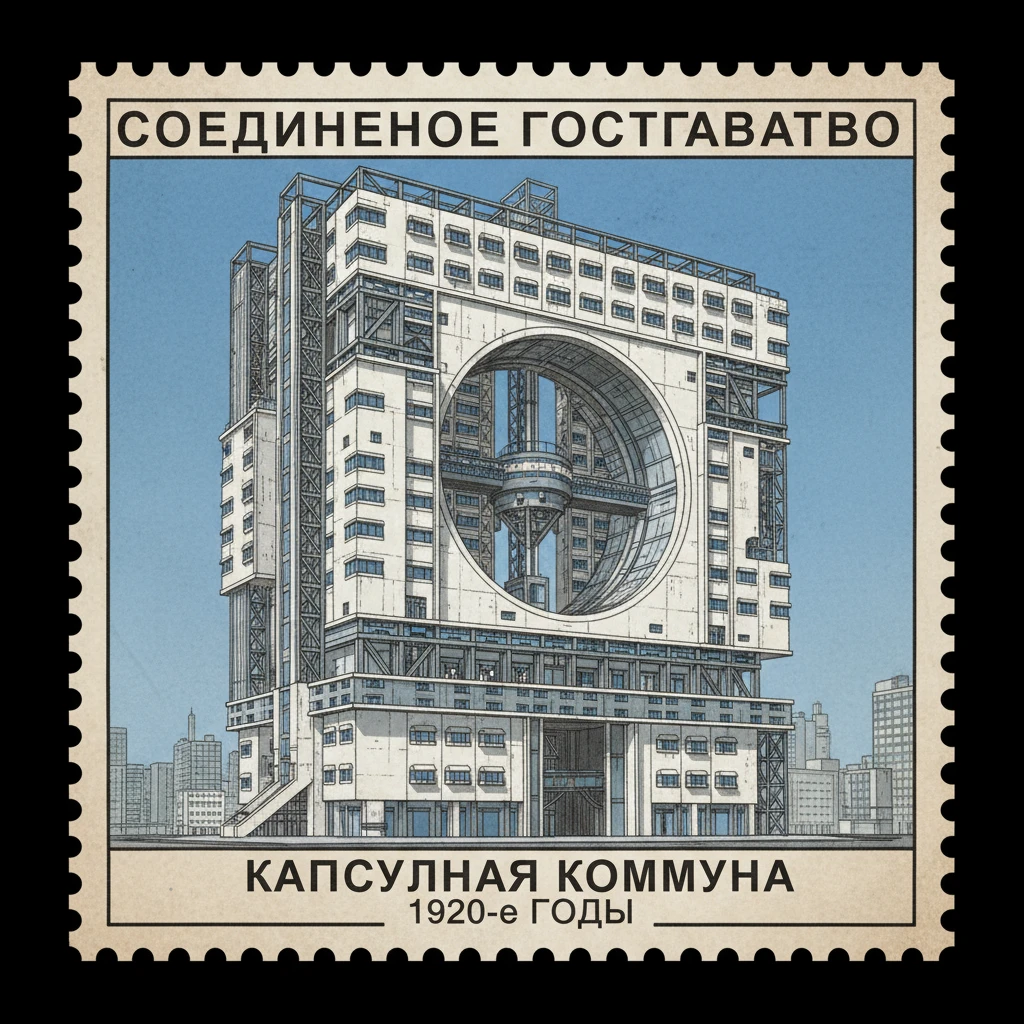 капсульный дом-коммуну конструктивизм 1920-е годы из произведения "Мы" Замятина стилизуй под марку как на фото

 emoji