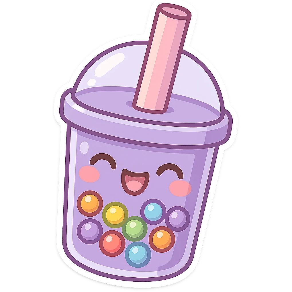 purple bubble tea with rainbow boba, cute and exaggerated chibi sticker style emoji
