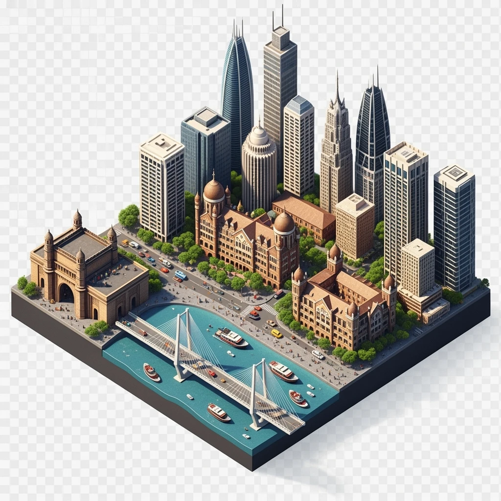 Isometric miniature of Mumbai city, featuring iconic landmarks like Gateway of India, Bandra-Worli Sea Link, Chhatrapati Shivaji Terminus, and skyscrapers, 3D miniature effect and Tilt Shift effect, no cartoonish look, transparent background. emoji