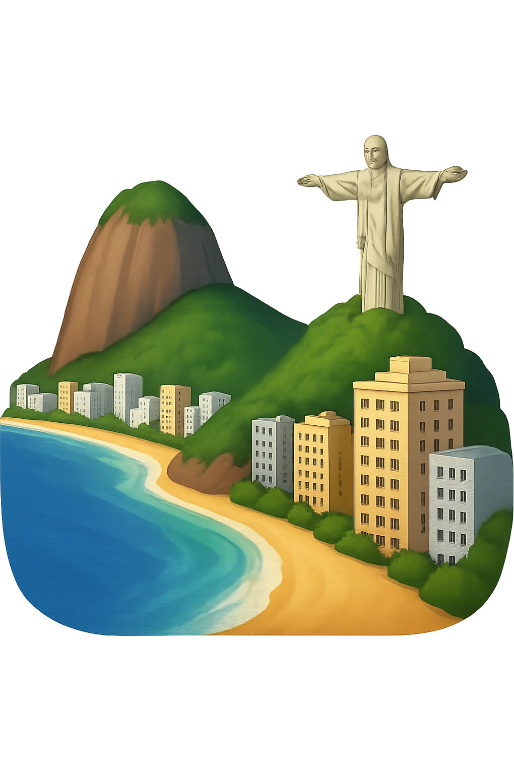 Remove the sky background from the Rio de Janeiro emoji, keeping everything else the same: the majestic vista of the skyscraper-lined beach, the mountain, and the Christ the Redeemer statue, with lifelike detail, bright lighting, and accurate colors. The background should be fully transparent. emoji
