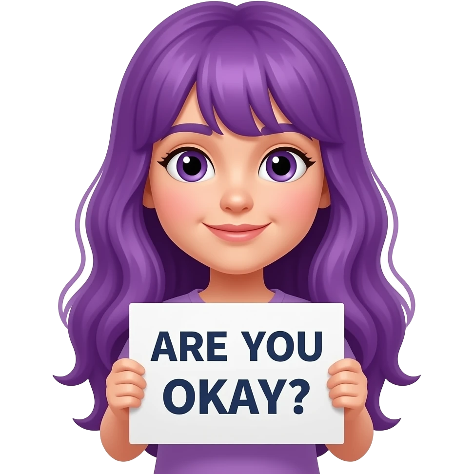 girl with long purple hair holding a ARE YOU OKAY? sign emoji