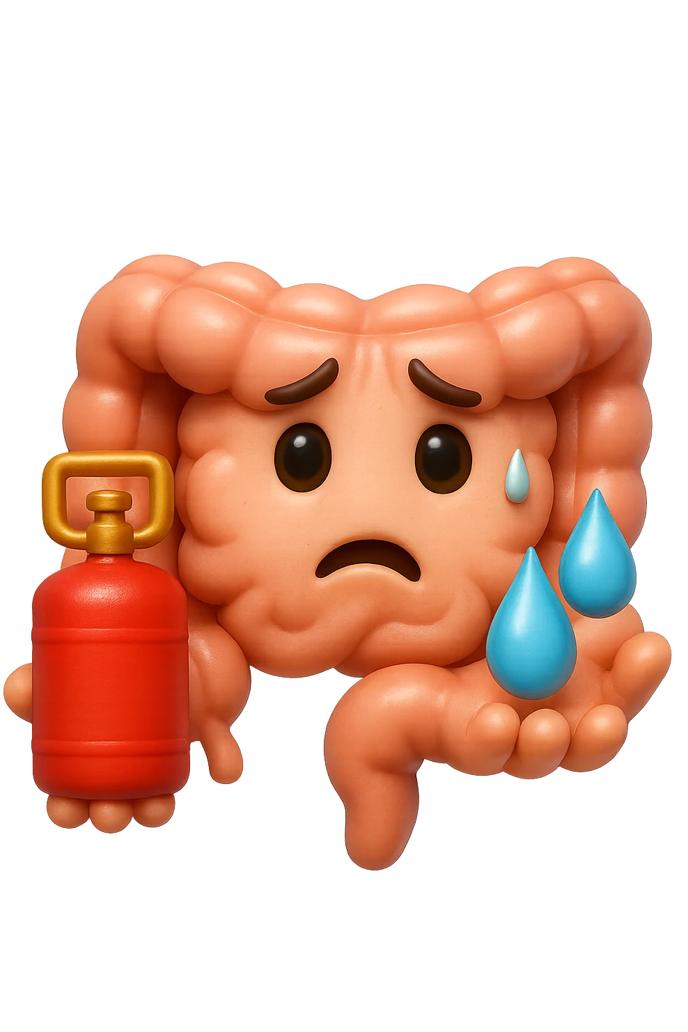 EMOJI STILE IPHONE DI un'intestino preoccupato che ha una bombola di gas in mano e due gocce di acqua in 3d nell'altra mano, IPERREALISTICO 4K emoji