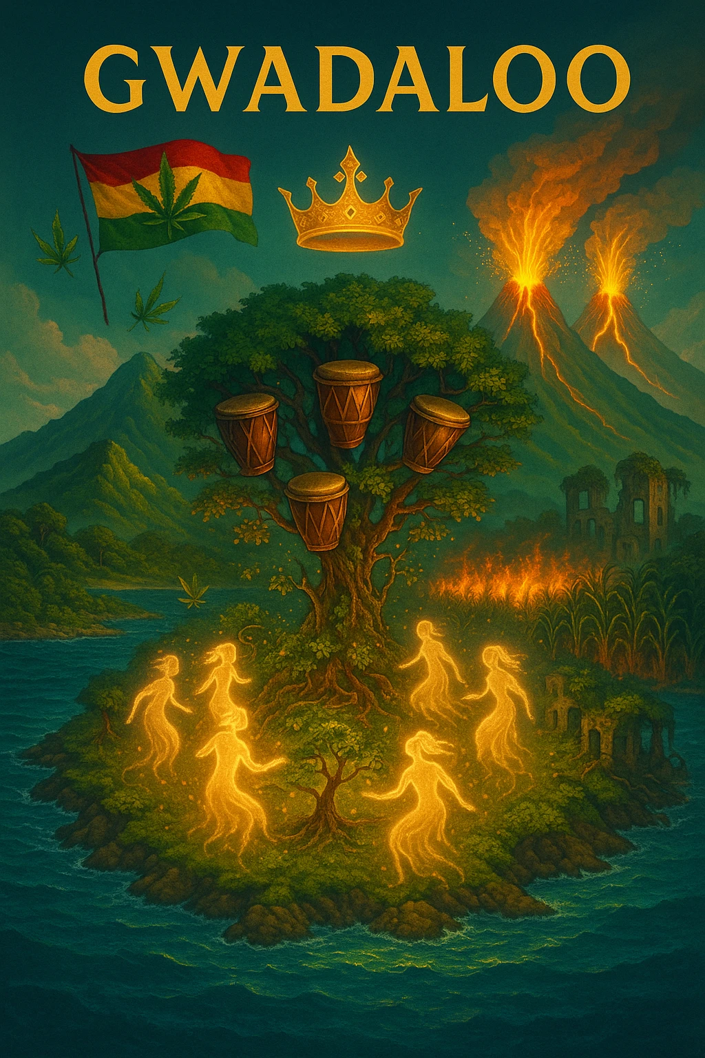 “Depict a mystical reimagining of Guadeloupe, a sacred French Caribbean island renamed Gwadaloo in spiritual rhythm. The landscape blends lush green mountains, twin volcanoes erupting golden light, and deep turquoise sea. In the center stands a legendary Drum Tree — its branches grow carved wooden drums instead of fruit, and glowing ancestral spirits dance around it in a circle of rhythm. Sugarcane fields burn gently in the background, symbolizing the release of colonial pain, while ganja leaves drift in the wind like blessings. Overhead, a sacred ganja-leaf flag flutters in the sky with red, green, and gold colors. A Creole crown floats in golden light above the island, not on any man’s head, but pulsing to the beat of the land. In the distance, ghostly ruins of colonial buildings crumble into dust, reclaimed by vines and time. Use a vibrant, cinematic color palette with warm golden light, deep greens, glowing reds, and ocean blues. Style the scene as prophetic, surreal, and empowering — a vision of Caribbean sovereignty, rhythm, and soul remembrance." emoji