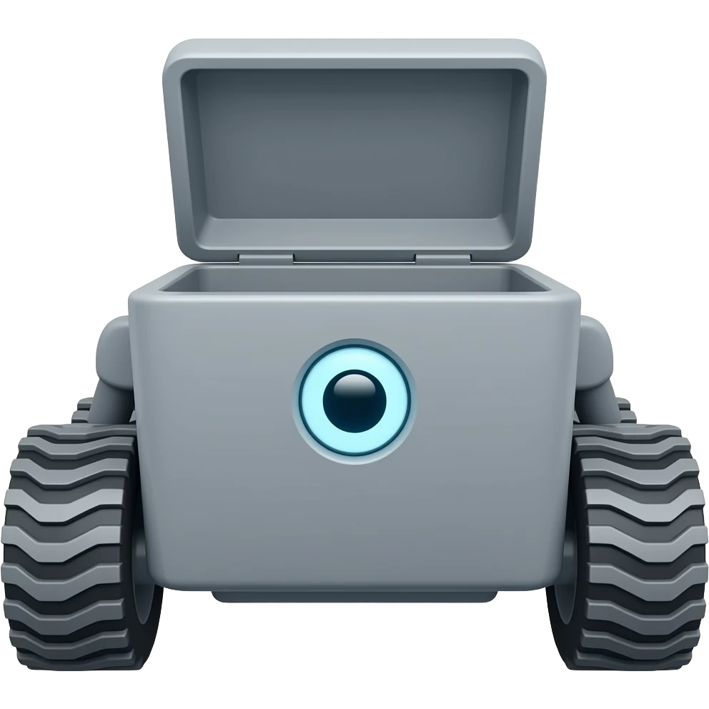 Gray rectangle with 4 wheels and a circle led shows robot eyes and a opening lid emoji
