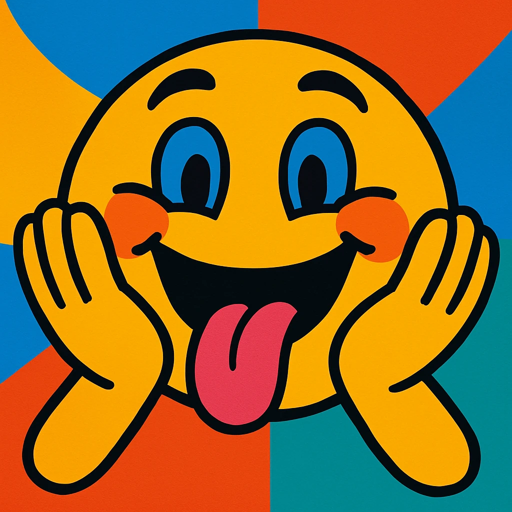 happy face with tongue out and hands on both sides of the face, vibrant toon style emoji