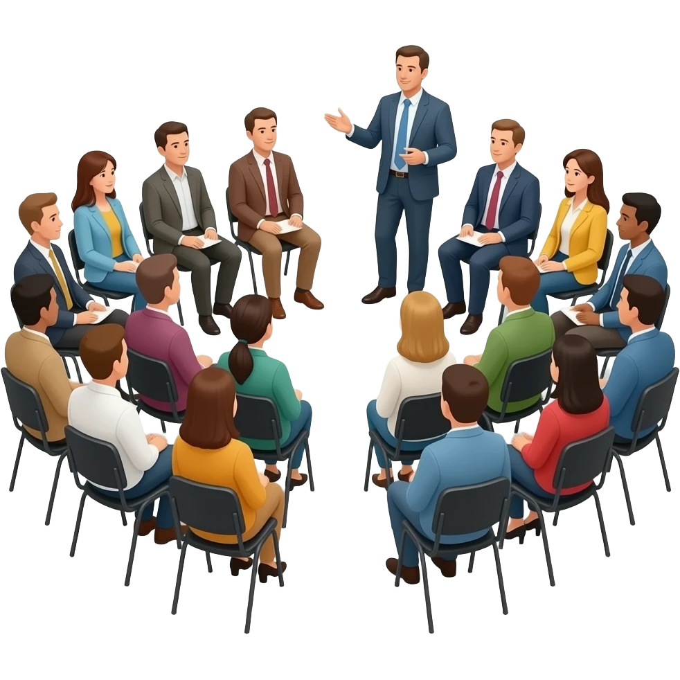 Big Group of People sitting and one Professor who is talking to them, while they are listening emoji