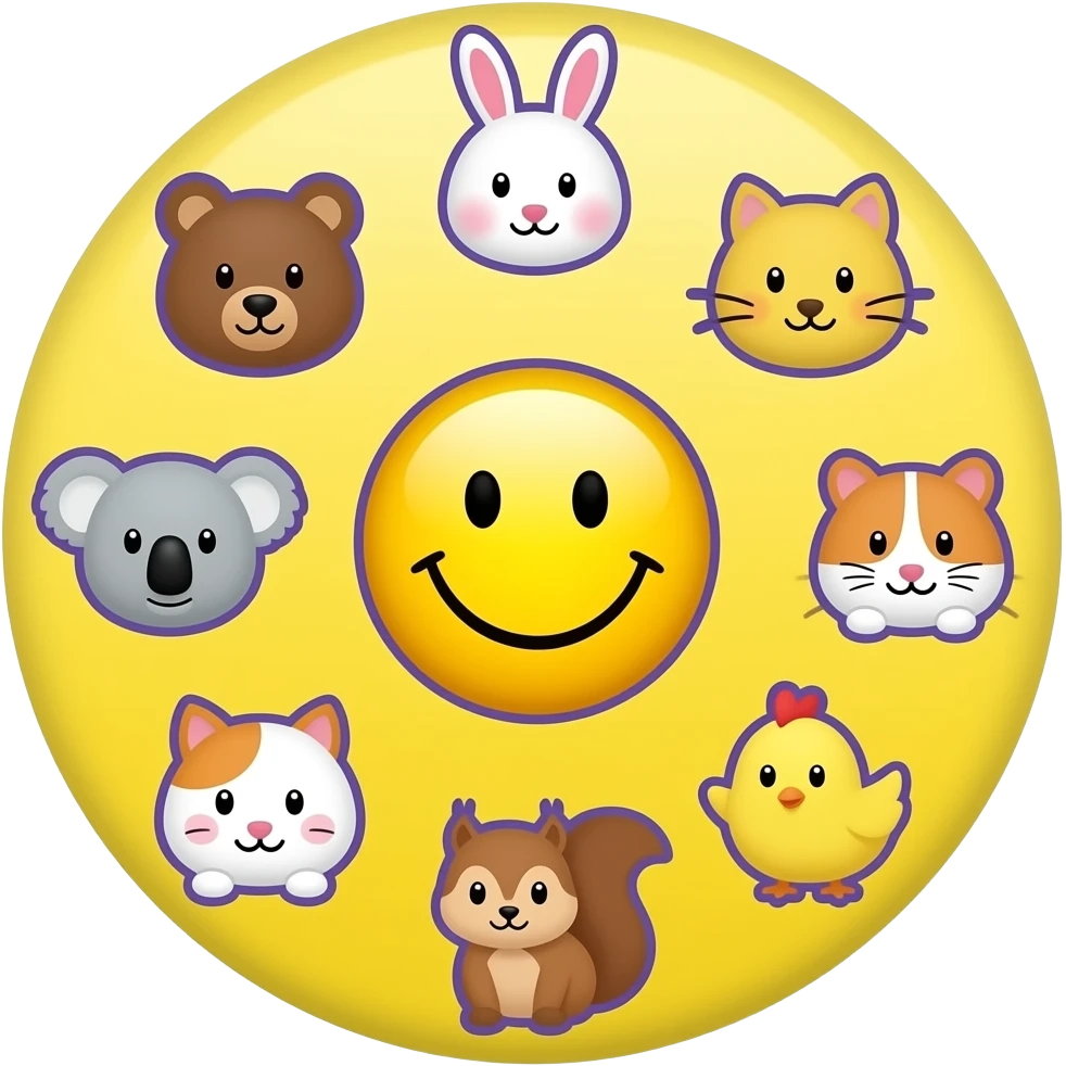 Same as this design, Yellow Smiley in the centre,with space to write, circle form ,serrounded by the head only of these 7 symbols 🐻🐰🐨🐈🐹🐿🐥 Small size. Bright yellow background instead of red, 2 lighter purple outlines emoji