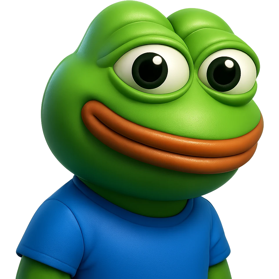 pepe in
- 3d style
- bright green
- blue shirt
- smiling
- looking straight at the camera
- good highlights and shadows
- 30deg angled towards the right emoji