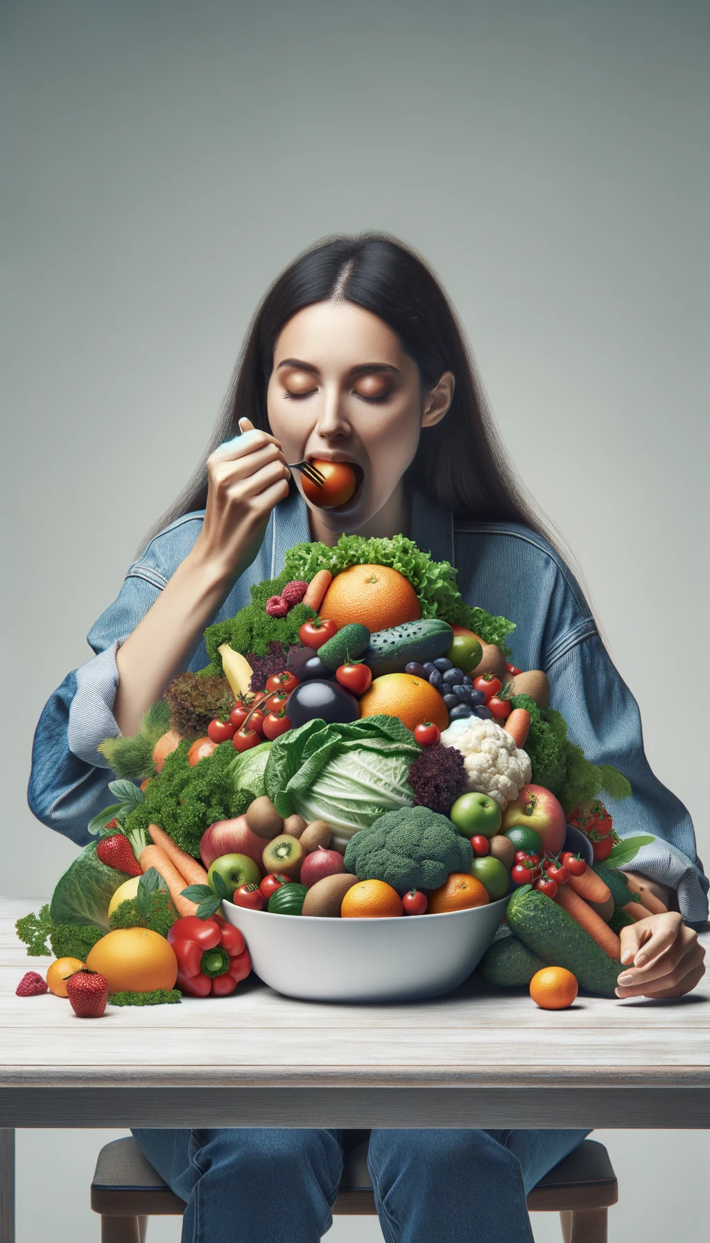 donna che mangia una montagna di frutta e verdura, SFONDO CHIARO NEUTRO, colori realistici, iperrealistico 4k emoji