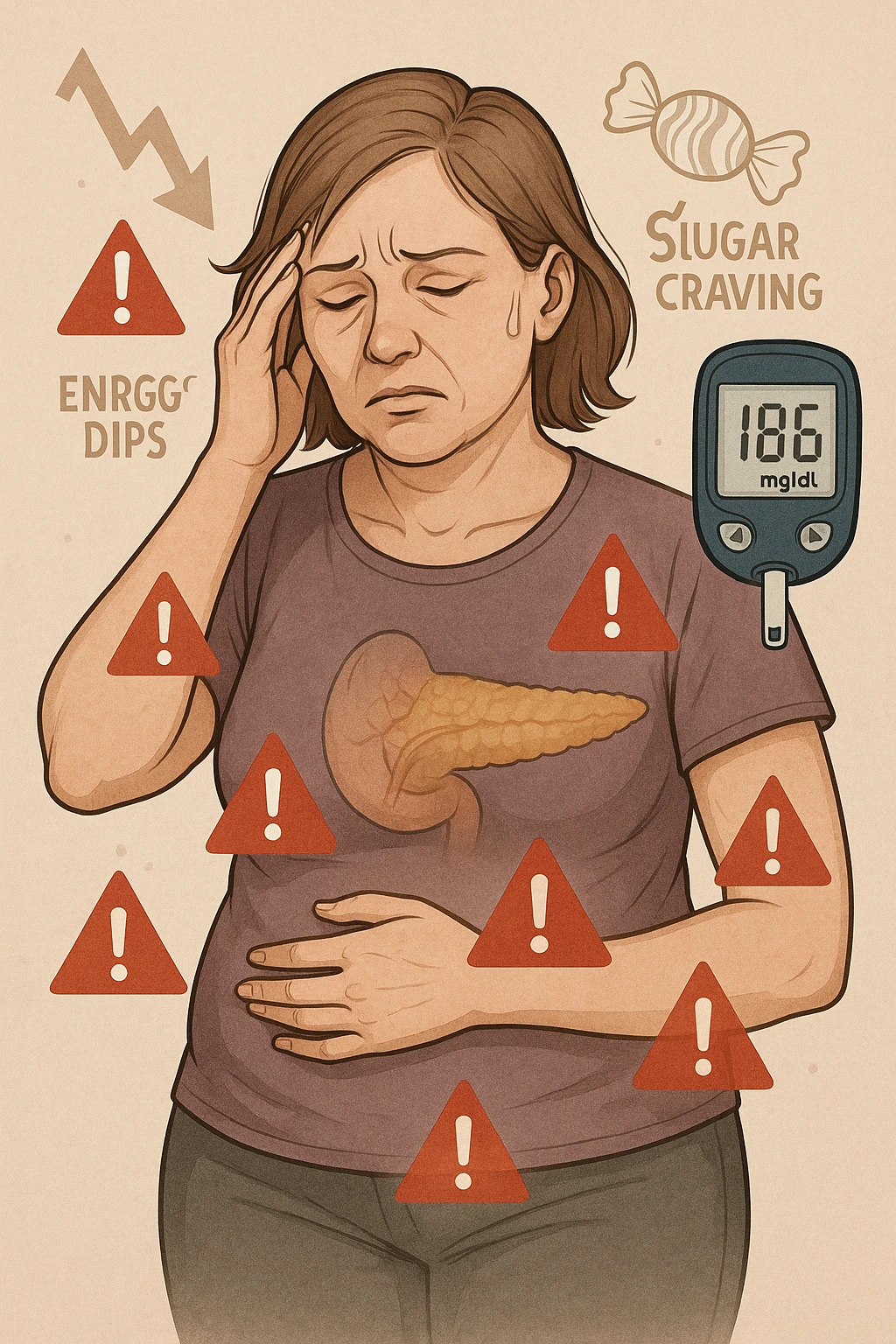 "Woman struggling with worsening insulin sensitivity, blood sugar spikes visualized as red warning signals throughout her body, expression of energy crashes and sugar cravings, pancreas working overtime shown in transparent overlay, pre-diabetic progression despite dietary efforts, metabolic syndrome symptoms accumulating, glucose meter showing increasingly concerning readings" scritte in italiano emoji