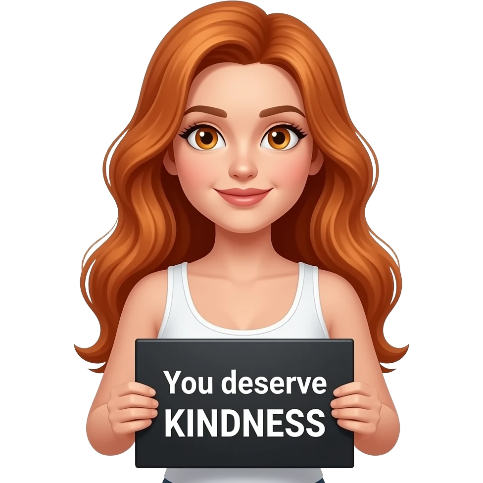 sexy girl with long ginger hair and ginger eyes wearing a white tanktop is holding a black sign with You deserve KINDNESS written on it emoji