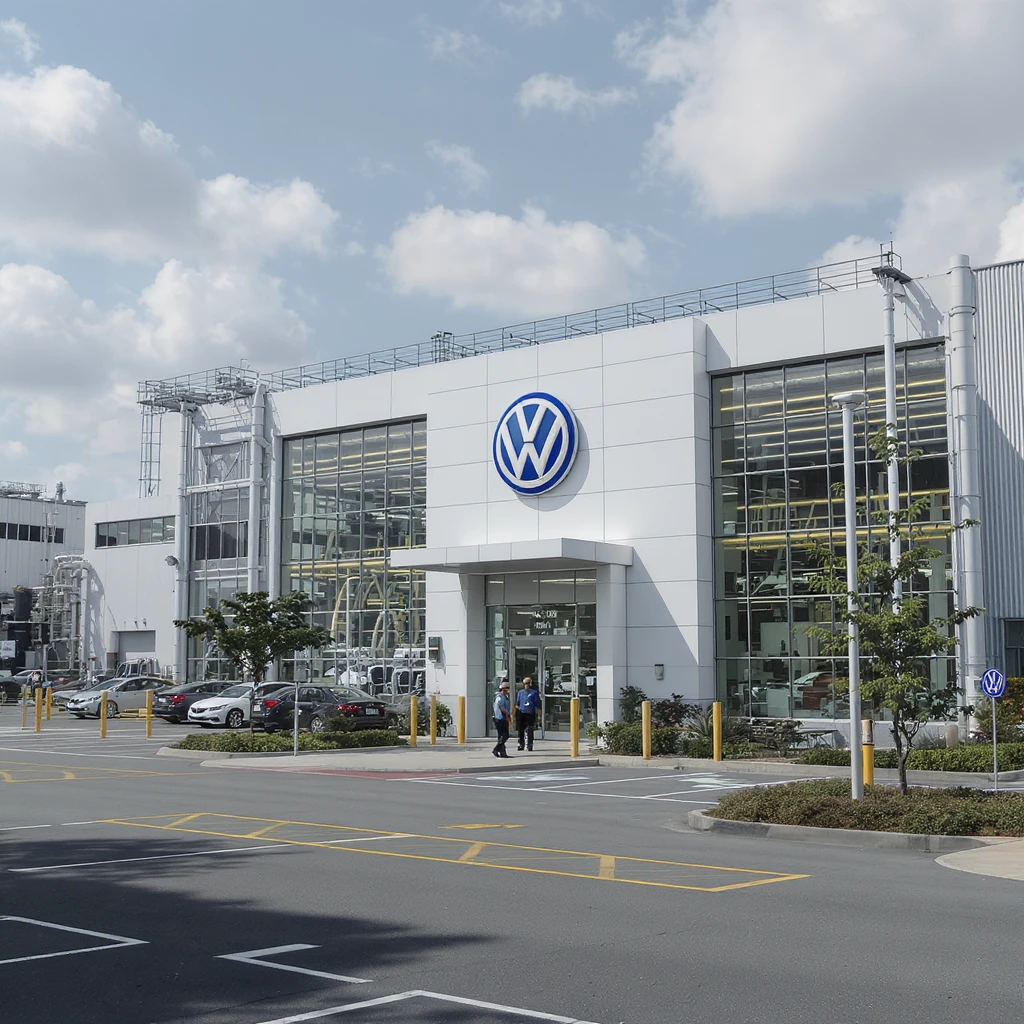 Realistic Volkswagen factory exterior, large industrial building with Volkswagen logo, parking lots filled with cars, factory grounds with machinery and equipment, realistic lighting and shadows, industrial atmosphere, workers in uniforms walking around emoji