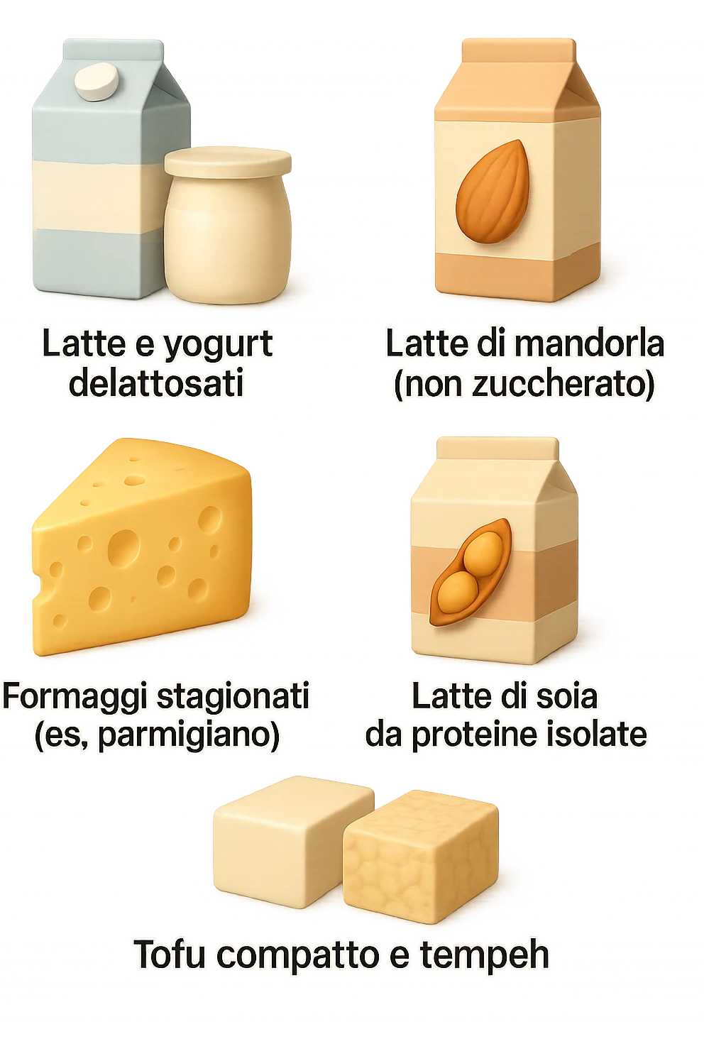 emoji stile iphone 3d di questi elementi che fluttuano in aria:

Latte e yogurt delattosati
Latte di mandorla (non zuccherato)
Latte di soia da proteine isolate
Formaggi stagionati (es. parmigiano)
Tofu compatto e tempeh
 che fluttuano in aria,  le etichette scrivile in italiano, iperealistico 4k emoji
