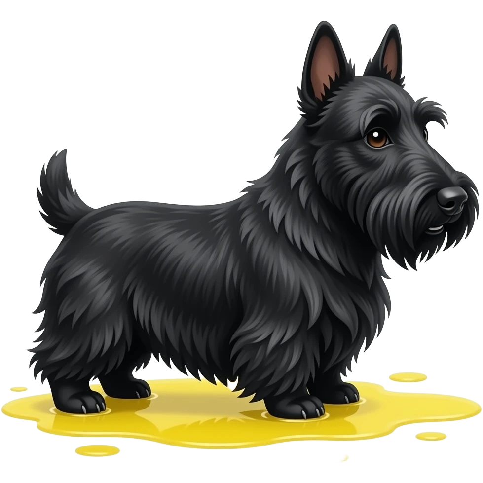 Black Scottie dog smiling in profile full body. Very small yellow puddle beneath both rear paws only emoji