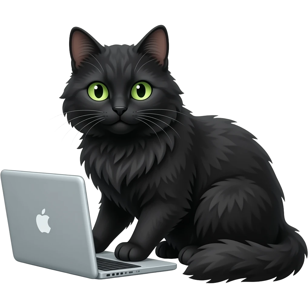 ((black cat longhaired)) ((black paws nose)) ((green eyes)) working on computer emoji