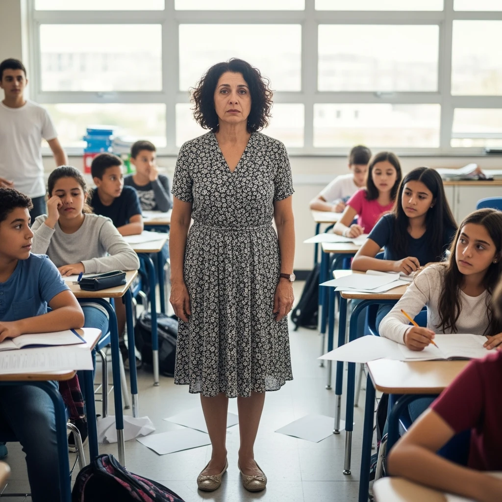 exhausted teacher in a bustling classroom emoji