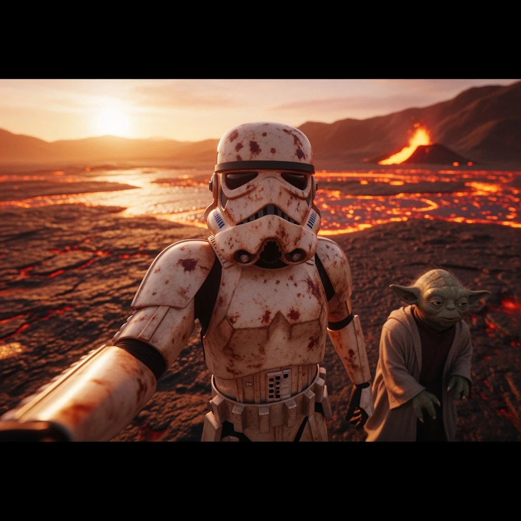 Camera POV, Starwars stormtroopers vlogging selfie, he is walking on lava planet with yoda emoji
