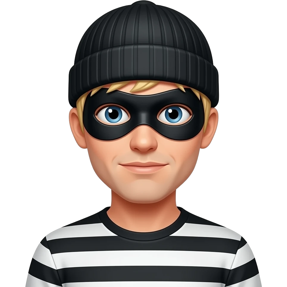 A robber with black and white striped clothing with a fair skin tone and a black eye mask with holes cutout and blonde hair and a beanie emoji