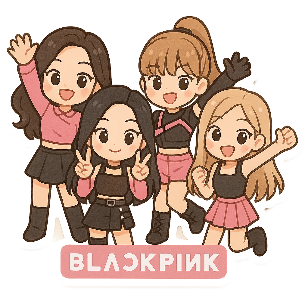 Blackpink K-pop girl group four members chibi style cute pink and black energetic group pose K-pop fashion emoji