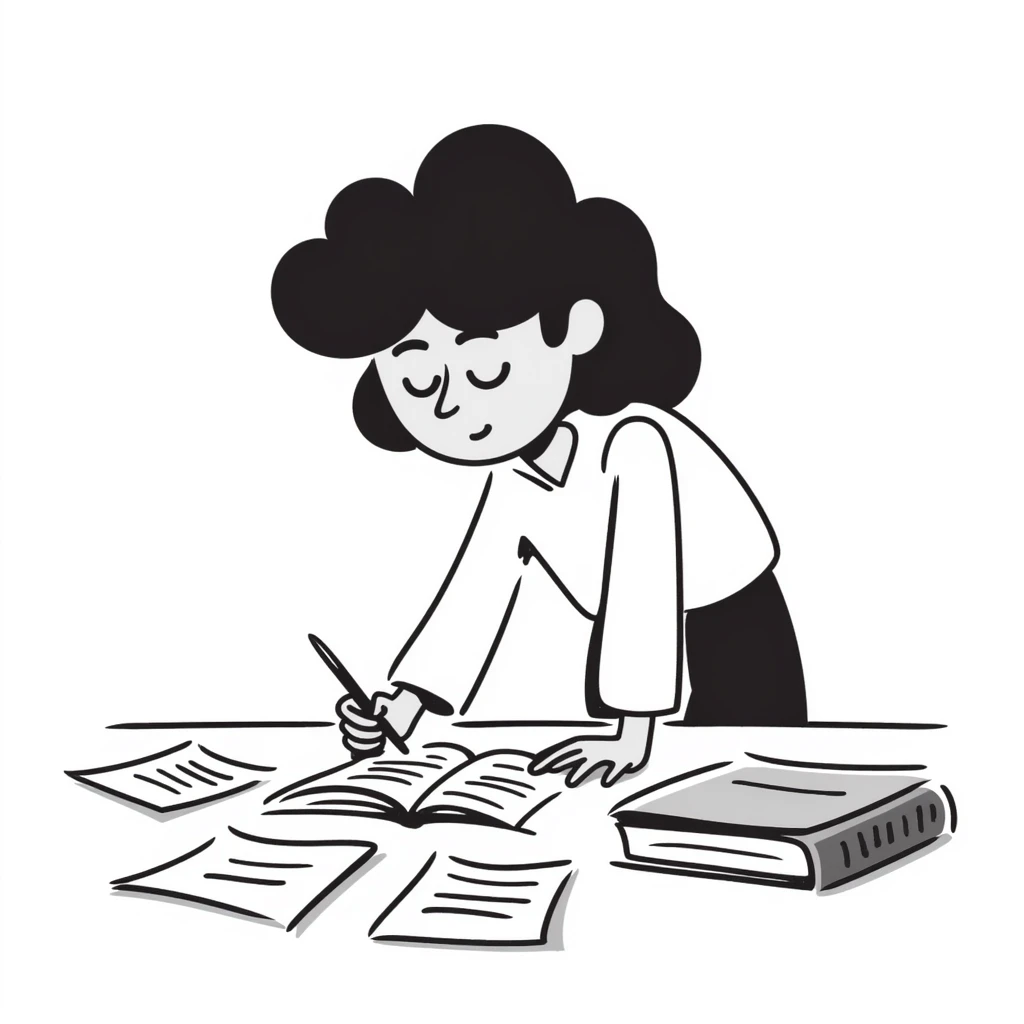 Girl student with messy hair studying hard for exam with papers spread out emoji