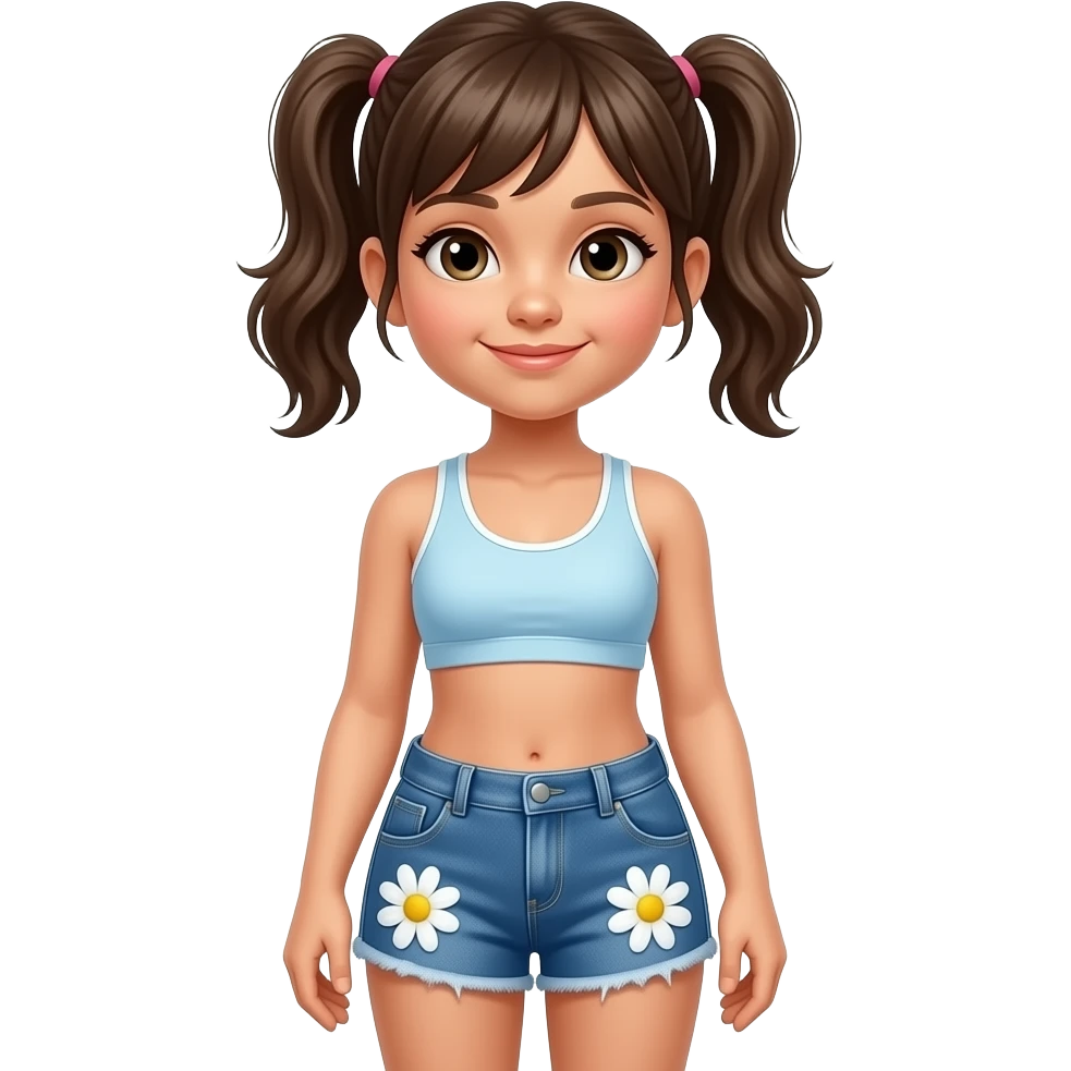 Naked little girl, full body, Daisy Duke shorts and a sports bra emoji