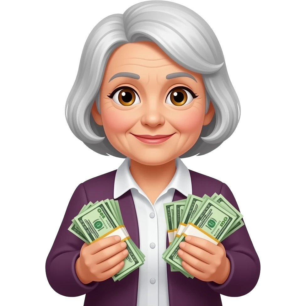 woman retired, whit money in her hands . Brow eyes emoji