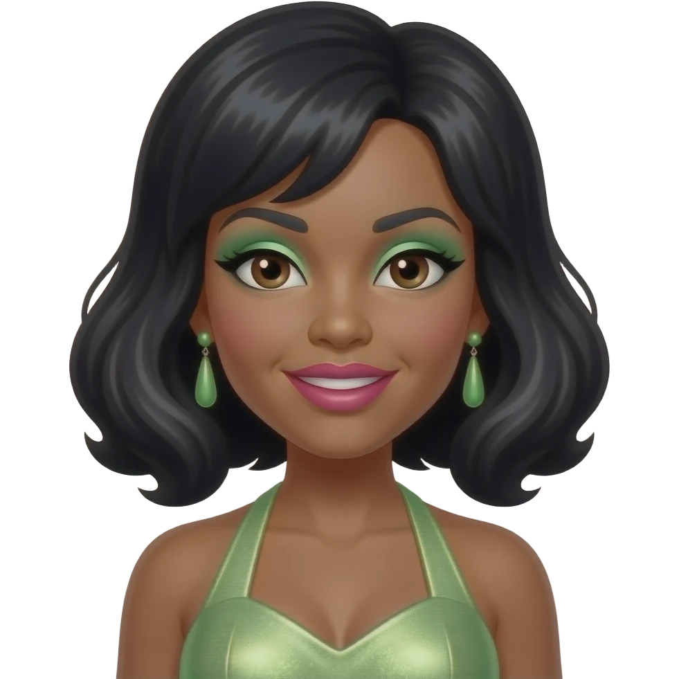 Cindy Birdsong from The Supremes with dark brown eyes, black beehive hair, light green eyeshadow, hot pink lipstick, light green metallic halter dress, green earrings emoji