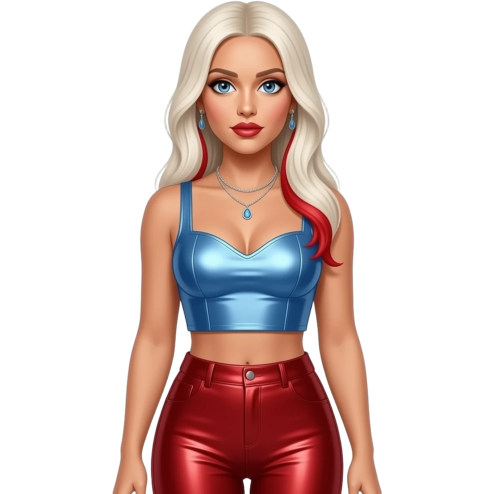 Christina Aguilera with blue eyes, long white blonde straight hair with red highlights, periwinkle metallic sleeveless sweetheart crop top, red metallic leggings, necklace and earrings emoji